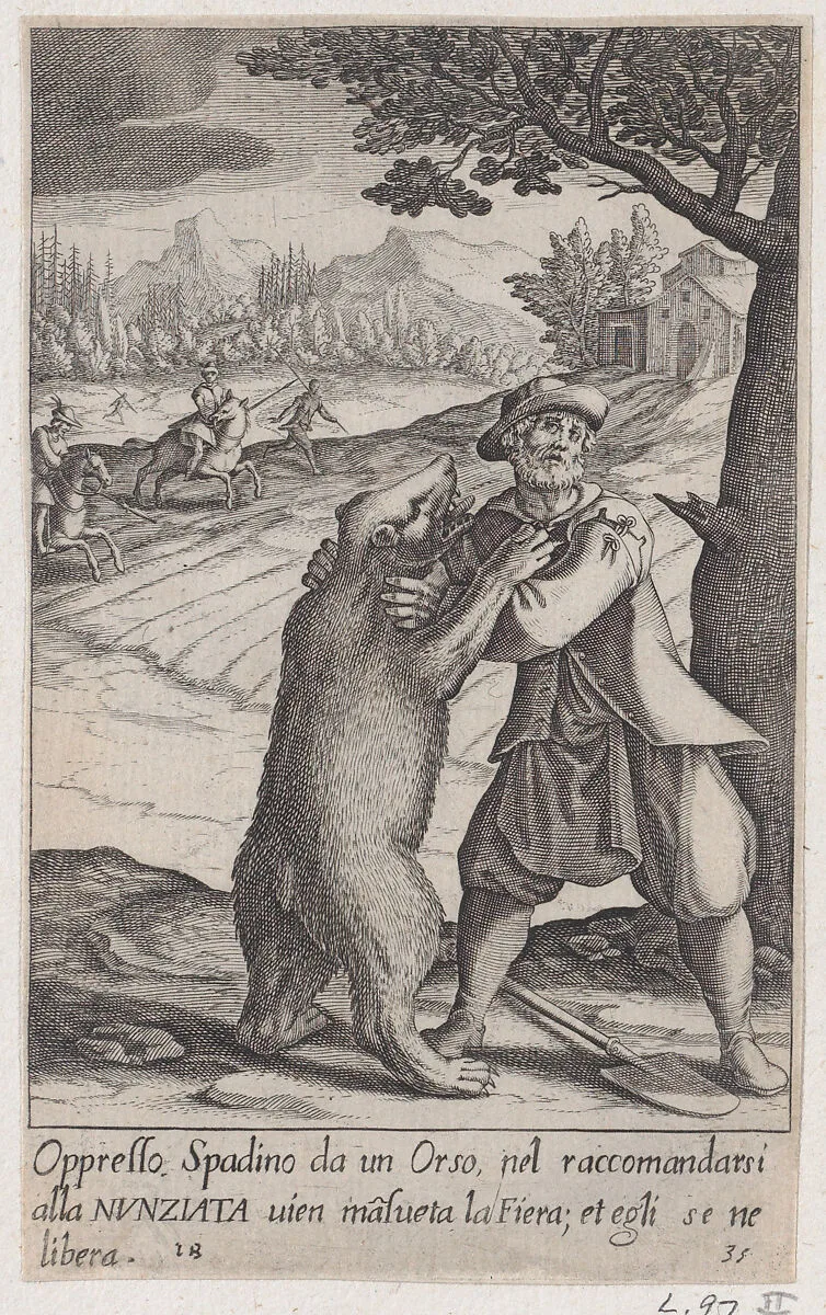 Spadino and the Bear, from Scelta d'Alcuni Miracoli e Grazie della Santissima Nunziata di Firenze (Selection of Some Miracles and Graces that Occurred in the Church of the Annunziata in Florence) — Jacques Callot