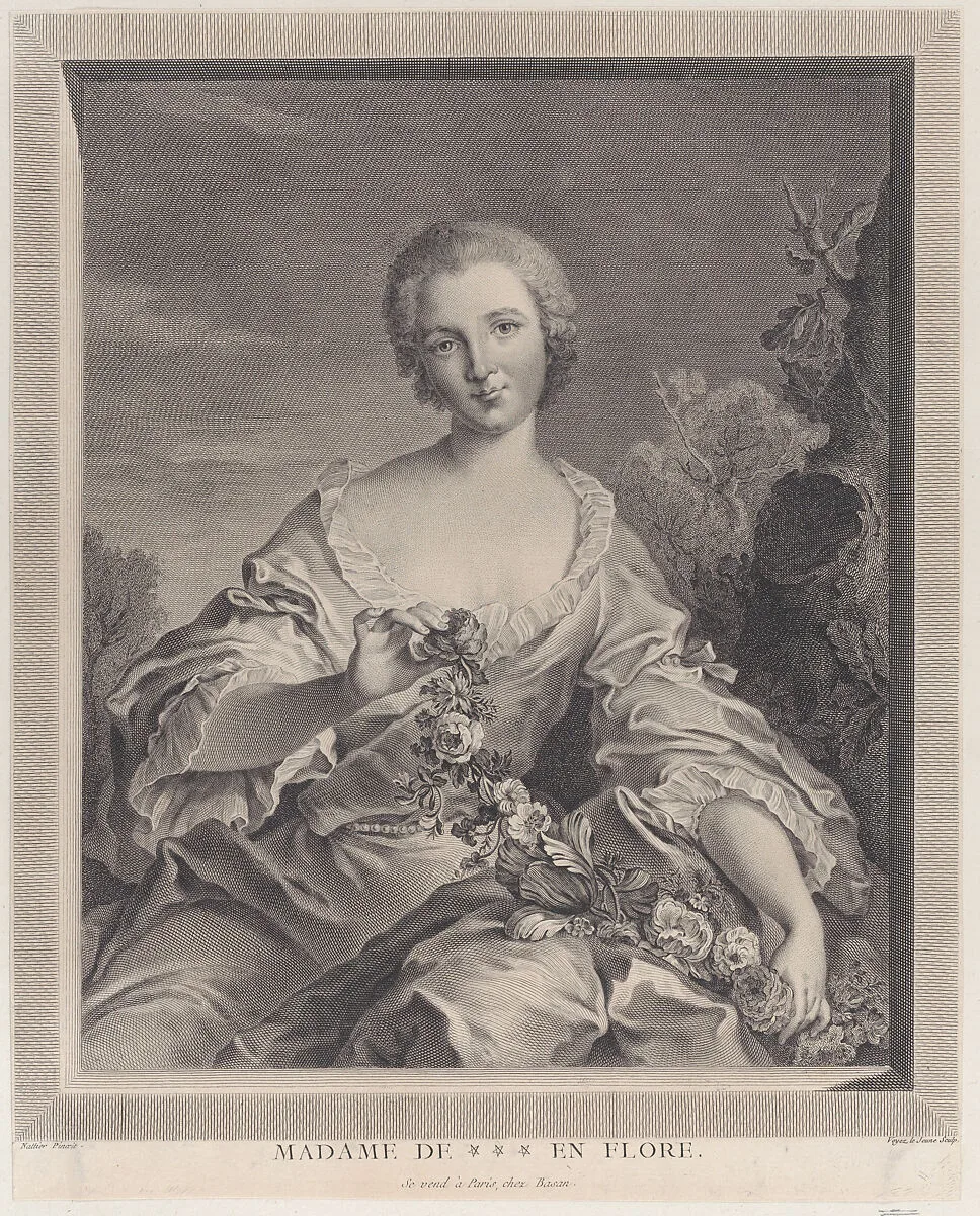 Portrait of Louise Henriette de Bourbon Conti as Flora — Pierre François Basan|Francois Voyez (Le Jeune)|Louise Henriette de Bourbon-Conti|Jean Marc Nattier