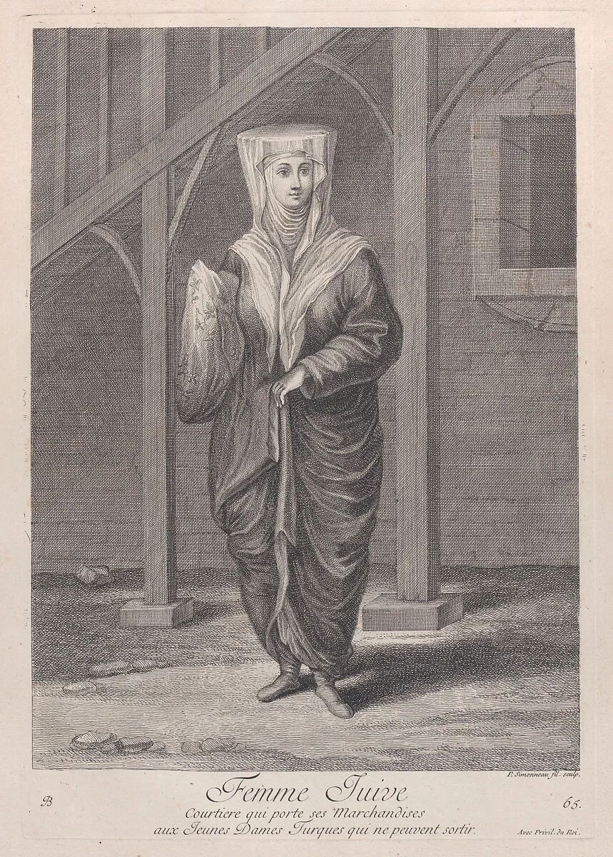 Femme Juive, Courtiere qui porte ses Marchandises aux Juenes Dames Turques qui ne peuvent sortir, plate 65 from "Recueil de cent estampes représentent differentes nations du Levant" — Jean Baptiste Vanmour|Philippe Simonneau|Jacques le Hay