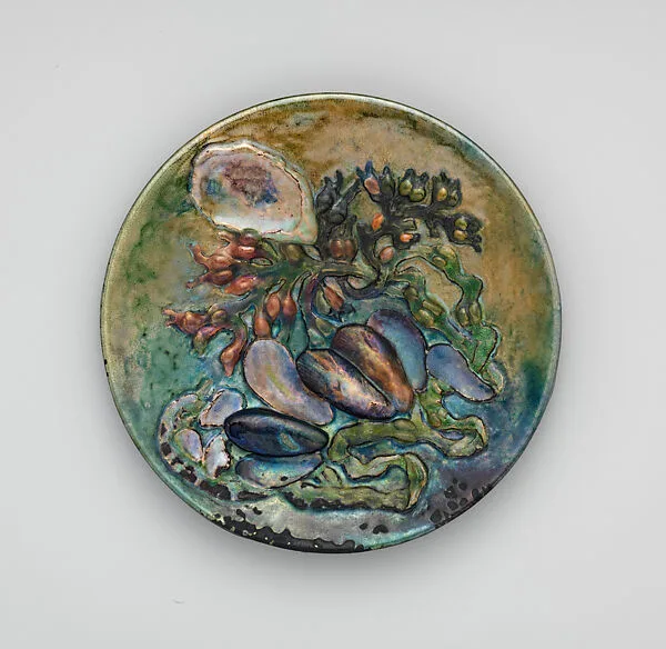 Plaque with mussel and oyster shells and seaweed — Alice Gouvy|Tiffany Studios|Tiffany Glass and Decorating Company
