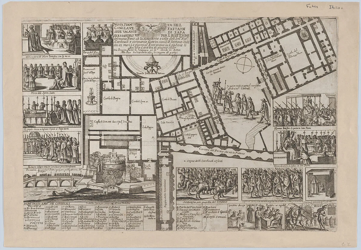 Papal conclave following the death of Pope Alessandro VII, with an iconographic map of Vatican City and scenes of the funeral, procession, and election of the new pope — Giovanni Giacomo De Rossi