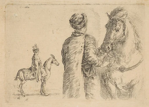 A Polish groom, from the back, holding a horse by the bridle