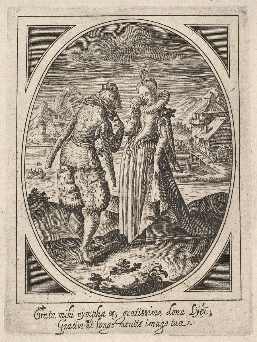 A man steps toward a woman who holds a goblet to her mouth, a watermill and mountains beyond, an oval composition — Heinrich Ulrich