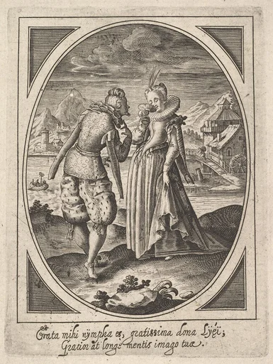 A man steps toward a woman who holds a goblet to her mouth, a watermill and mountains beyond, an oval composition