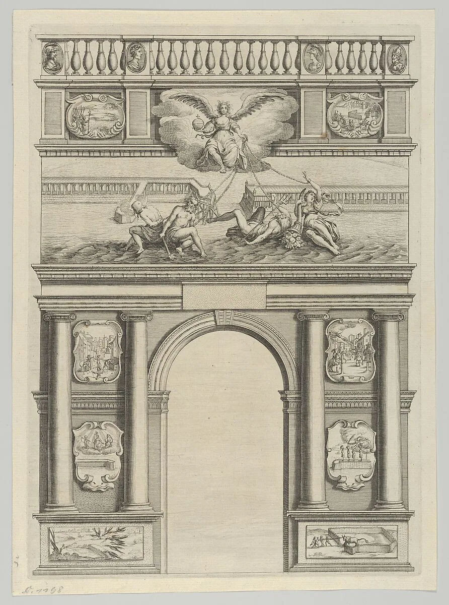 Triumphal arch, from 'Éloges et discours sur la triomphante réception du Roy en sa ville de Paris ...' by Jean-Baptiste de Machault — Abraham Bosse|Melchior Tavernier|Jean-Baptiste de Machault|Pierre Firens I