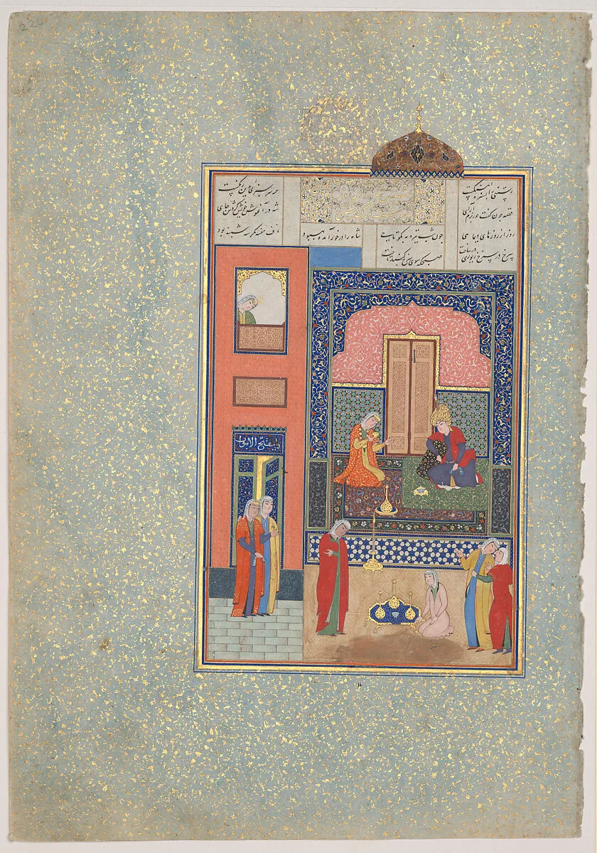 "Bahram Gur in the Red Palace on Tuesday", Folio 220 from a Khamsa (Quintet) of Nizami of Ganja — Sultan Muhammad Nur|Mahmud Muzahib|Shaikh Zada|Nizami