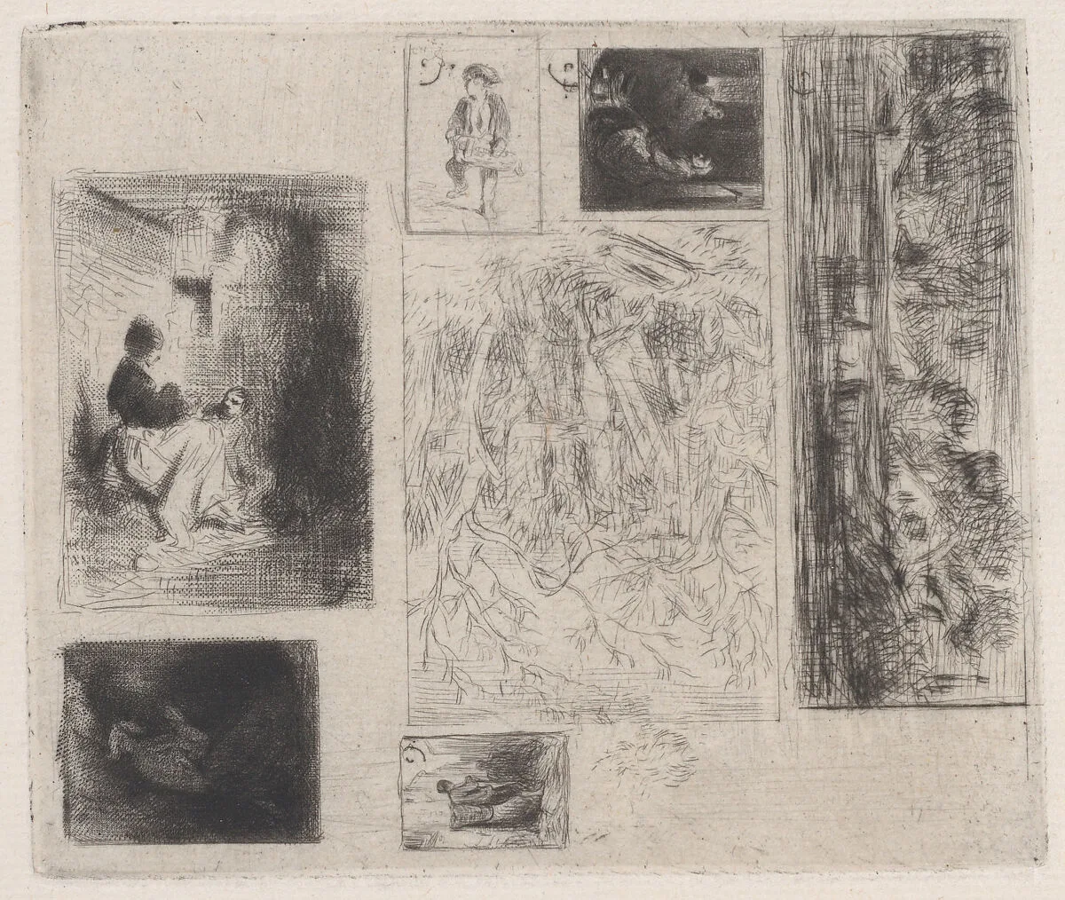 Composite plate: Woman and Children (a), Old Musician (b), Frying Merchant (c), Landscape (d), Landscape (e), Praying Monk (f), and Scavenger (g) — Charles Jacque