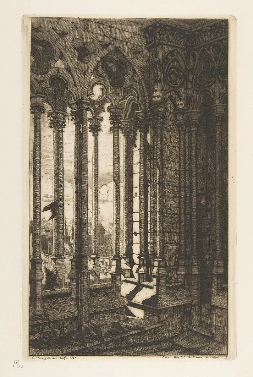 The Gallery, Nôtre-Dame Cathedral, Paris, from "Etchings of Paris" — Charles Meryon