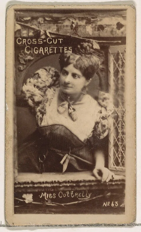 Card Number 63, Miss Cottrelly, from the Actors and Actresses series (N145-1) issued by Duke Sons & Co. to promote Cross Cut Cigarettes — W. Duke, Sons & Co.