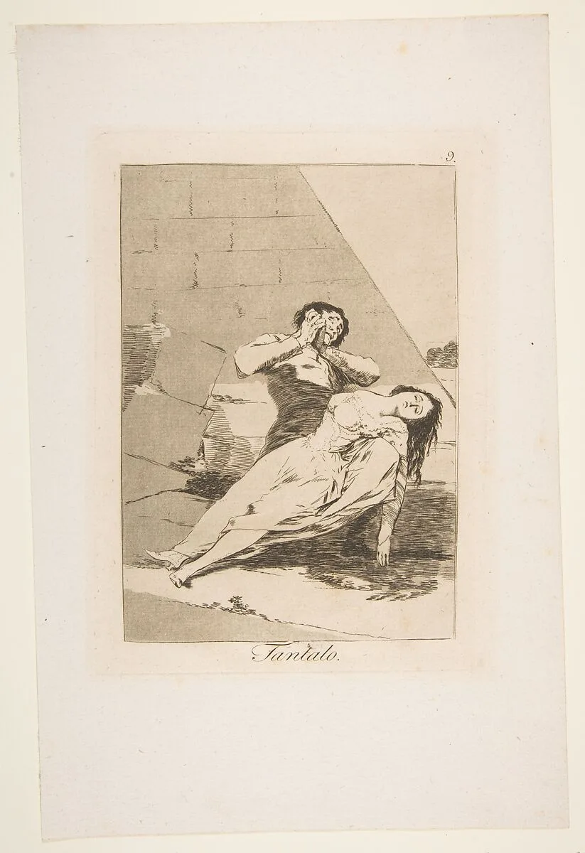 Plate 9 from "Los Caprichos": Tantalus (Tantalo) — Goya (Francisco de Goya y Lucientes)