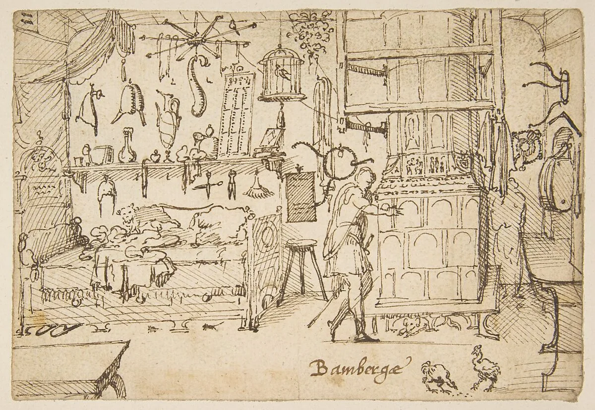 Study sheets with sketches of interiors, animals, sculpture, figures, notes — Anonymous, German, 16th century