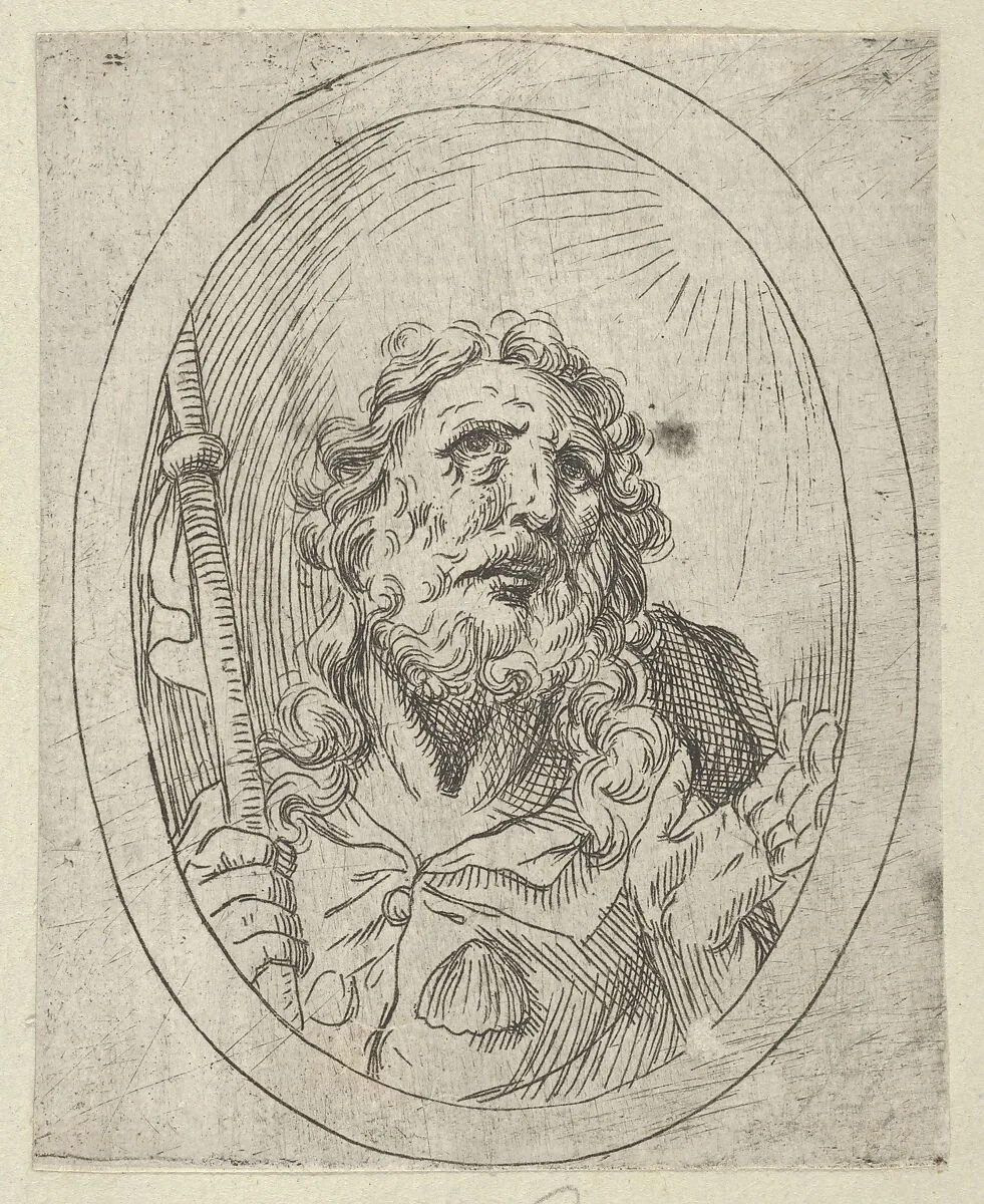 Saint James Major, looking upwards and holding a staff, from "Christ, the Virgin, and Thirteen Apostles" — Anonymous, 17th century|Guido Reni
