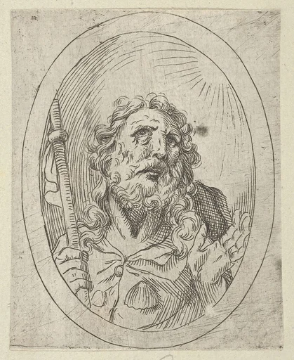Saint James Major, looking upwards and holding a staff, from "Christ, the Virgin, and Thirteen Apostles"