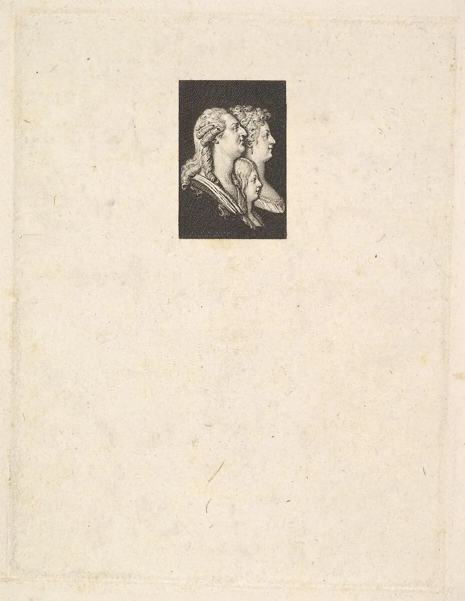 Portrait of Louis XVI, Marie Antoinette and The Dauphin — Augustin de Saint-Aubin|Piat Joseph Sauvage