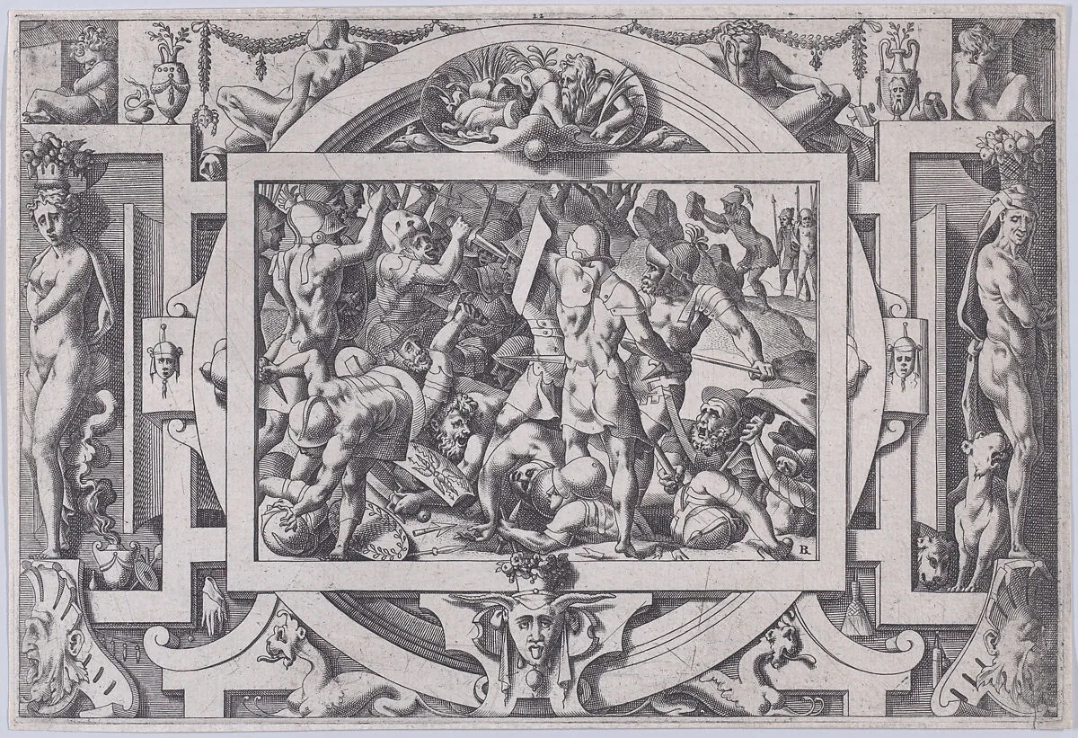 Jason Throws a Rock at the Giants (Cette moisson va son semeur chercher a fer tranchant...), from "Jason and the Golden Fleece" — René Boyvin|Leonard Thiry