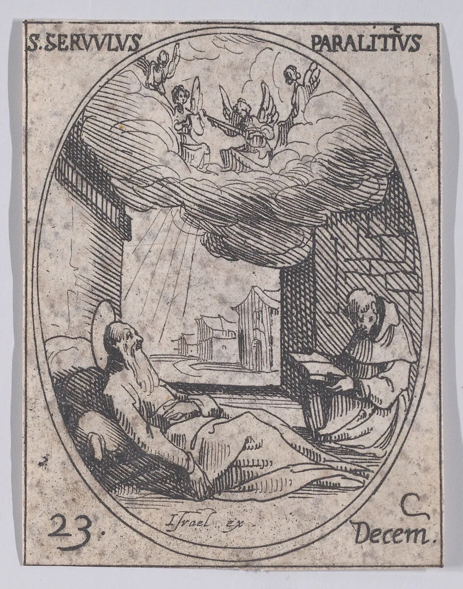 S. Survule, le paralytique (St. Survulus, the paralytic), December 23rd, from "Les Images De Tous Les Saincts et Saintes de L'Année" (Images of All of the Saints and Religious Events of the Year) — Jacques Callot|Israël Henriet