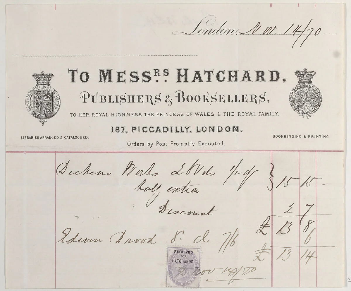 Trade card for Messrs. Hatchard, publishers and booksellers — Anonymous, British, 19th century