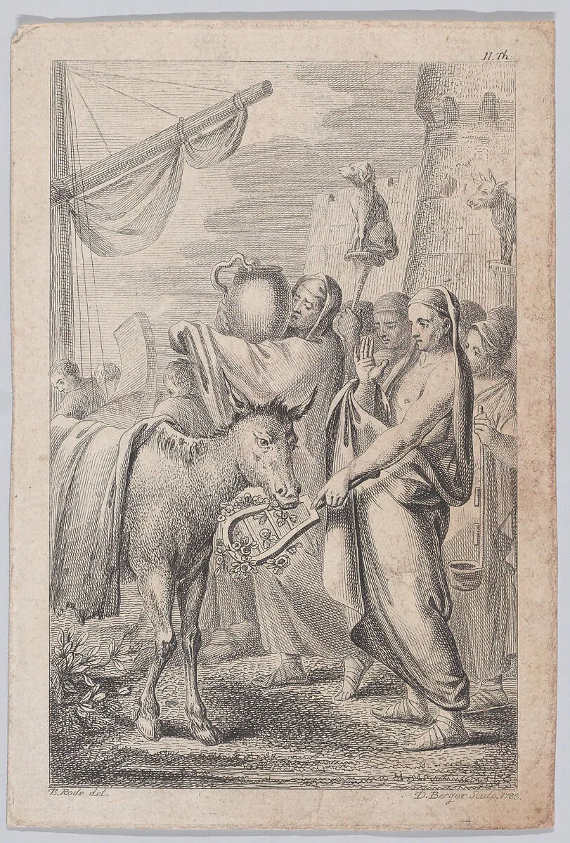 Figures at right near a ship, some holding up animals over their heads, a horse at left — Daniel Berger|Christian Bernhard Rode