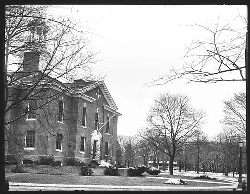 [Oblique View of Neoclassical Public Building with Gazebo Belltower]