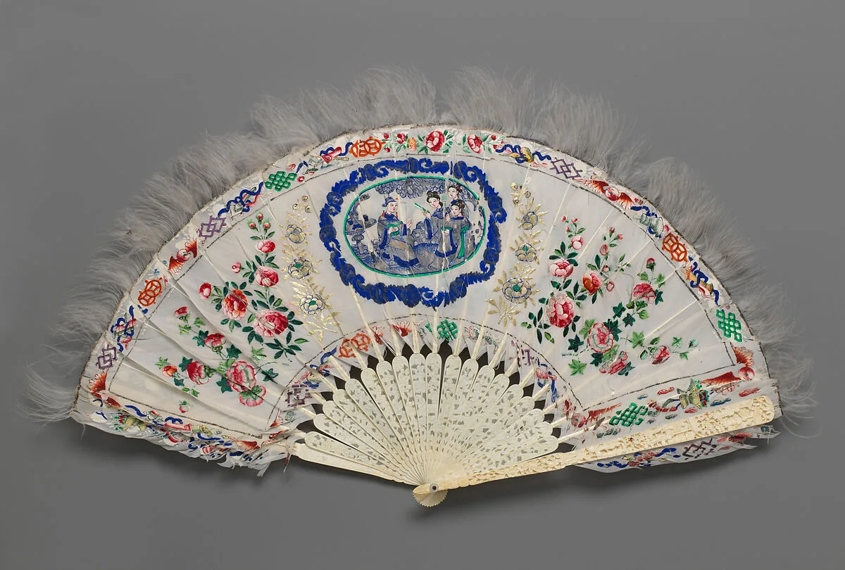 Folding Fan with Ladies in a Garden, flanked by Flowers — Unknown