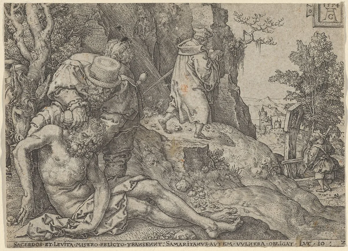 The Good Samaritan Tending the Traveller's Wounds with Oil and Wine or The Priest and the Levite Passing, from "The Parable of the Good Samaritan" — Heinrich Aldegrever