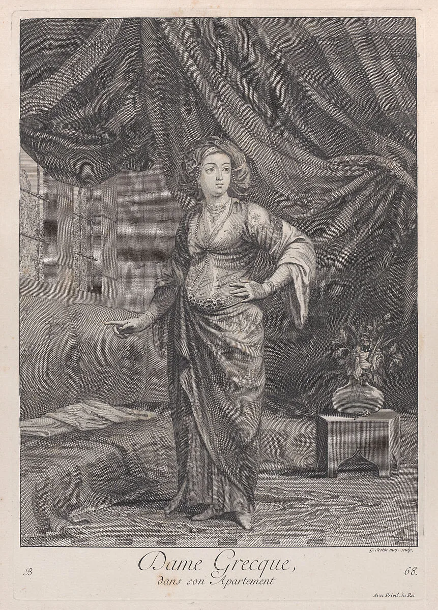 Dame Grecque, dans son Apartement, plate 68 from "Recueil de cent estampes représentent differentes nations du Levant" — Gérard Jean Baptiste Scotin I|Jacques le Hay|Jean Baptiste Vanmour