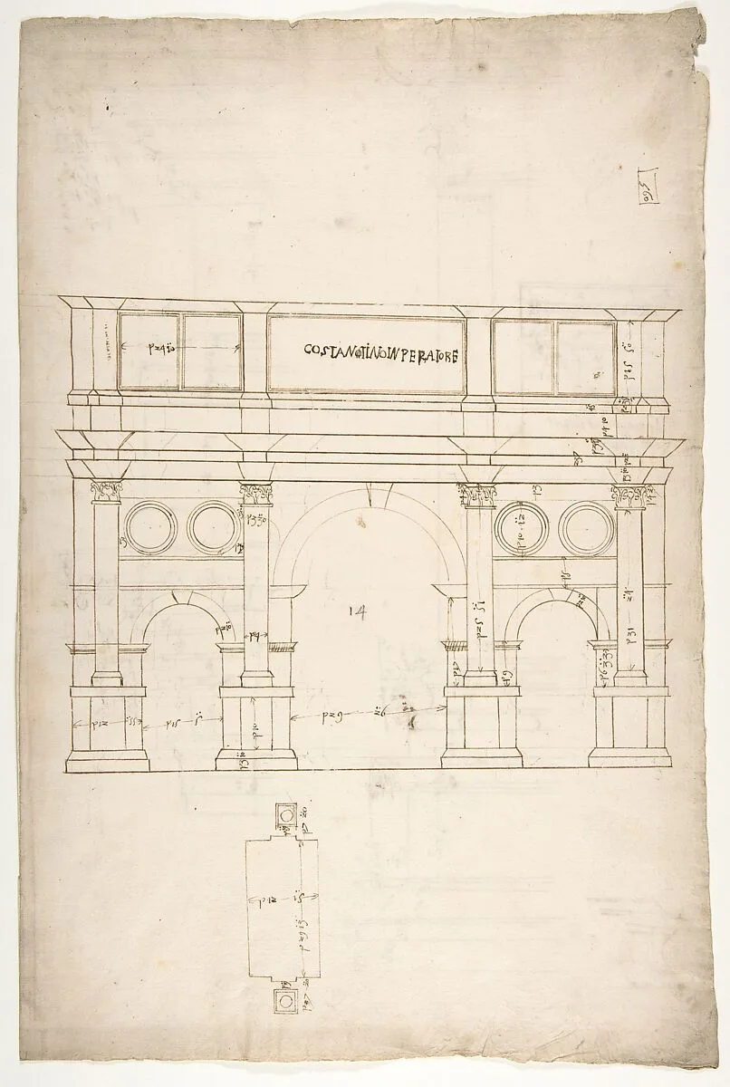 Arch of Constantine, elev, partial plan (recto) Arch of Constantine, profiles of base, shaft and entablature (verso) — Anonymous, French, 16th century