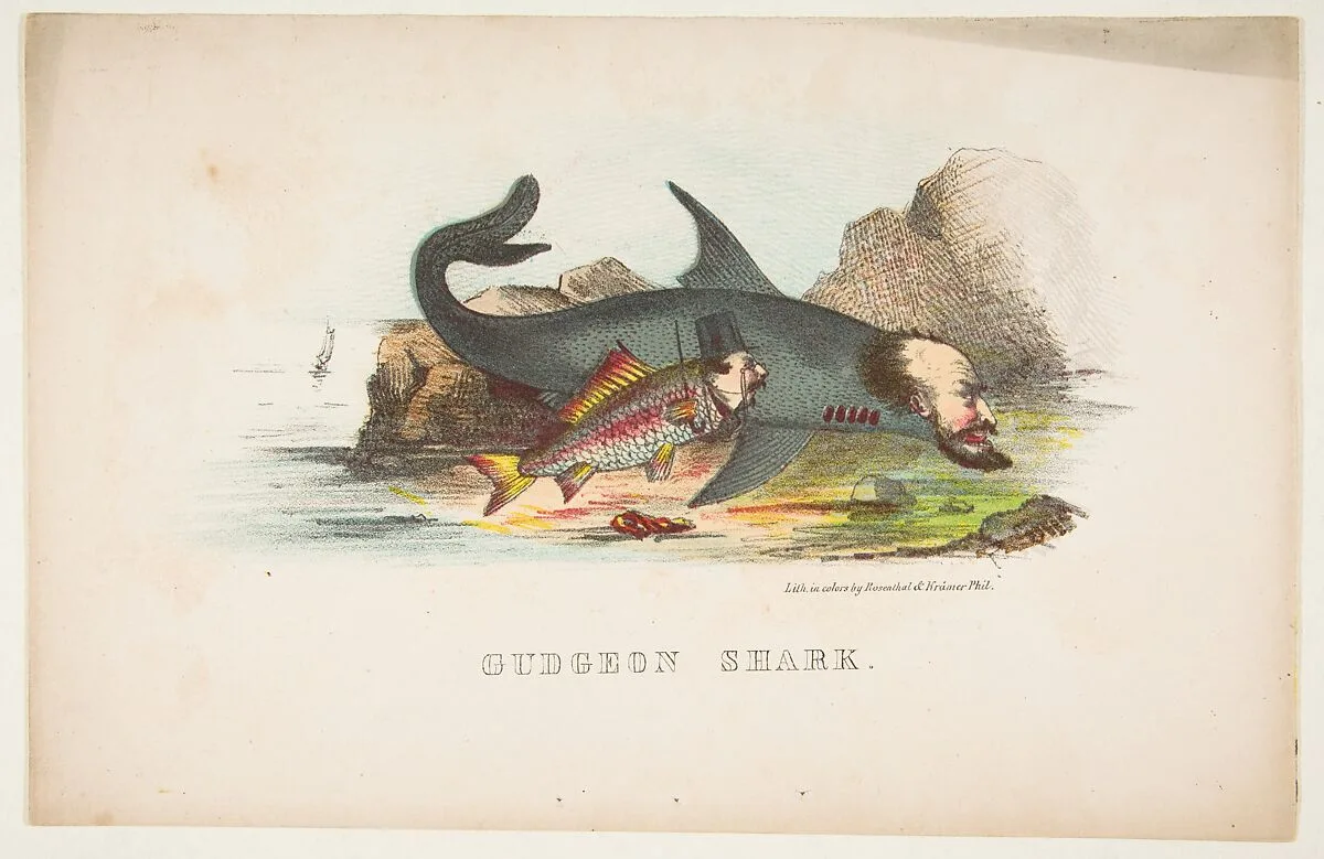 Gudgeon and Shark, from The Comic Natural History of the Human Race — Samuel Robinson|Henry Louis Stephens|Rosenthal