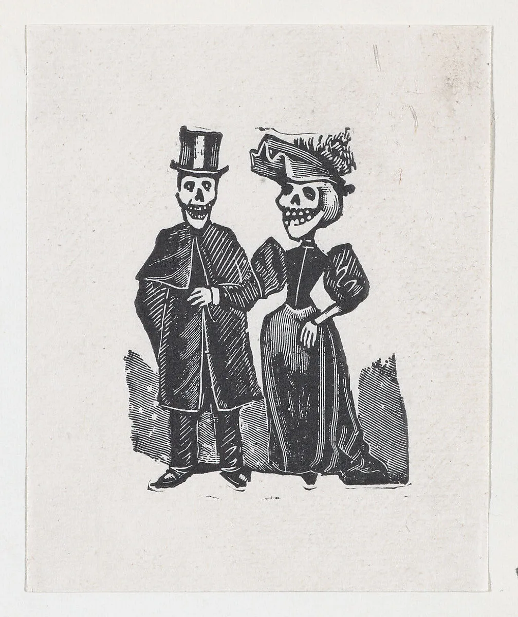 Two elegantly dressed skeletons walking, from a broadside entitled, 'El Gran Panteon Amoroso,' published by Antonio Vanegas Arroyo. — José Guadalupe Posada