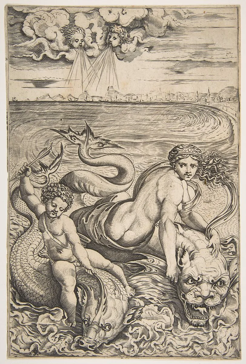 Venus and Cupid riding two sea creatures, Cupid raising an arrow with his right hand and two heads representing wind in the clouds above — Raphael (Raffaello Sanzio or Santi)|Marco Dente