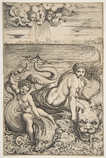 Venus and Cupid riding two sea creatures, Cupid raising an arrow with his right hand and two heads representing wind in the clouds above
