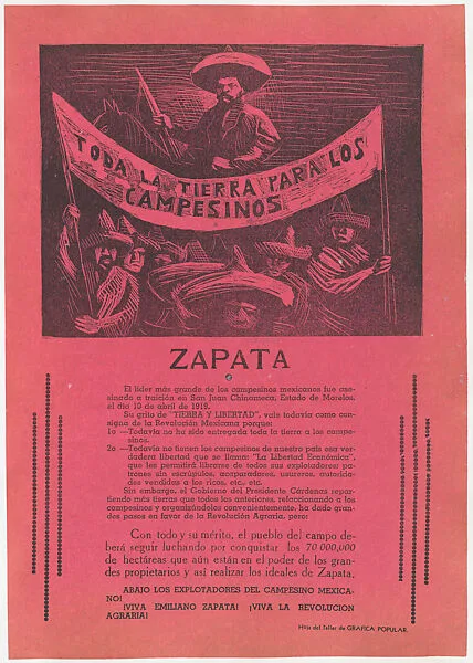 Flyer relating to the death of Emiliano Zapata and how to continue his fight; Zapata on horseback surrounded by farmers holding a banner — Anonymous, 20th century|Taller de Gráfica Popular|Leopoldo Méndez
