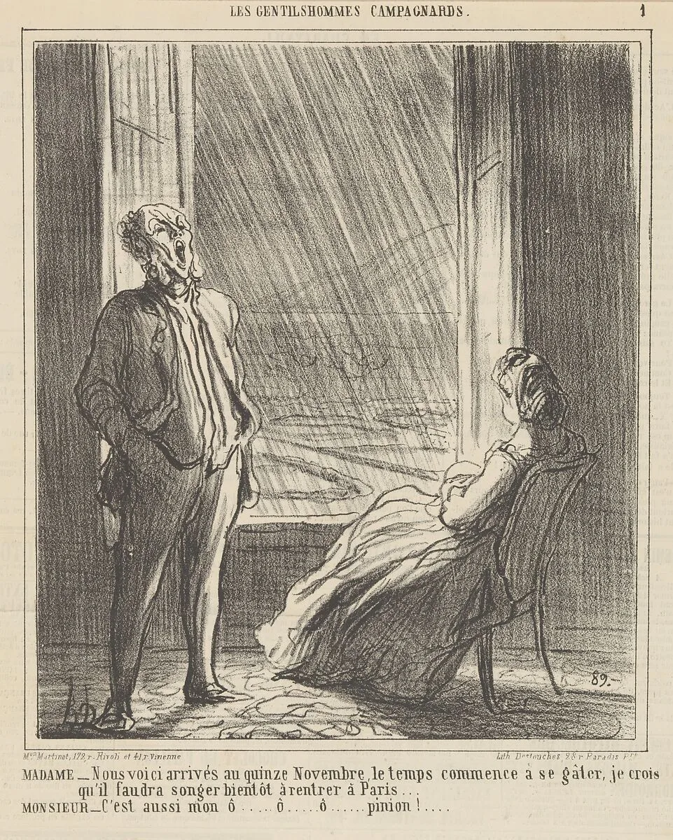 We are approaching mid-November when the weather starts getting nasty, from 'The countryside gentlemen,' published in Le Charivari, November 28, 1864 — Aaron Martinet|Destouches|Honoré Daumier