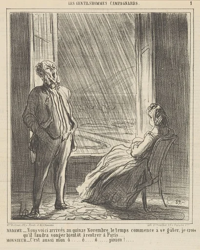 We are approaching mid-November when the weather starts getting nasty, from 'The countryside gentlemen,' published in Le Charivari, November 28, 1864