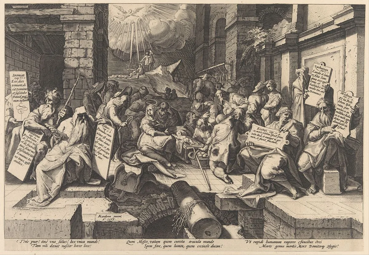 The Adoration of the Shepherds, Surrounded by Moses and Five Prophets — Karel van Mander I|Jacob Matham