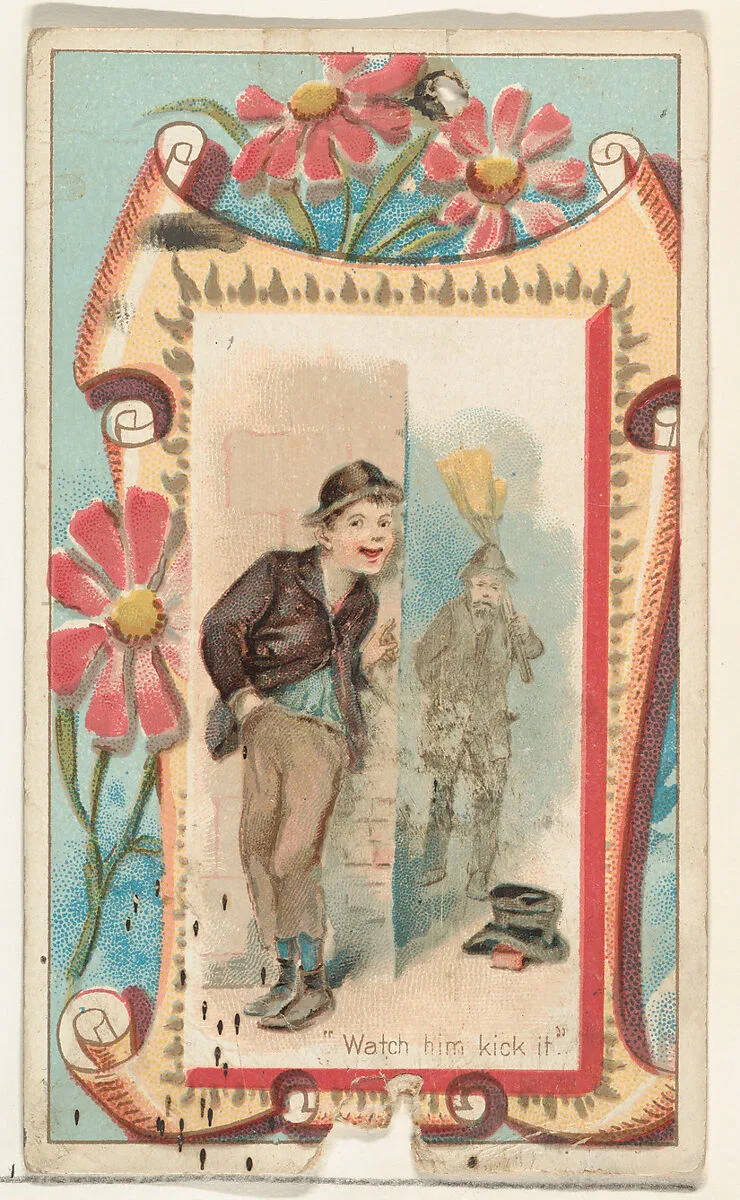 "Watch him kick it," from the Terrors of America set (N136) issued by Duke Sons & Co. to promote Honest Long Cut Tobacco — Knapp & Company|W. Duke, Sons & Co.