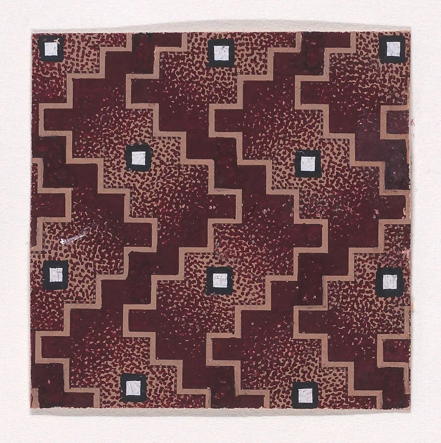 Textile Design with Alternating Vertical Rows of Pearls Framed by Undulating Vertical Zig-Zagging Lines — Anonymous, Alsatian, 19th century