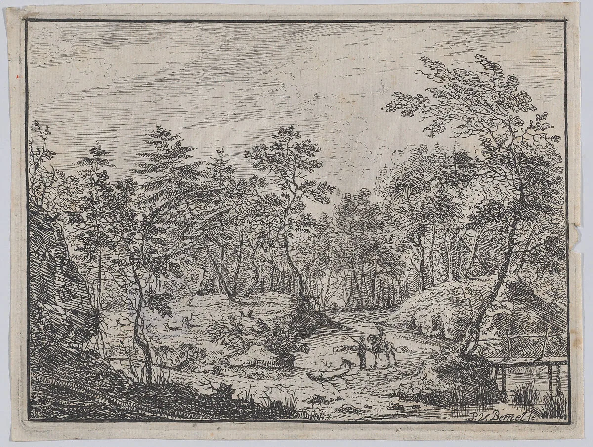 Forest landscape with a rider conversing with a man at center, a footbridge at right — Peter von Bemmel|H. J. Ostertag
