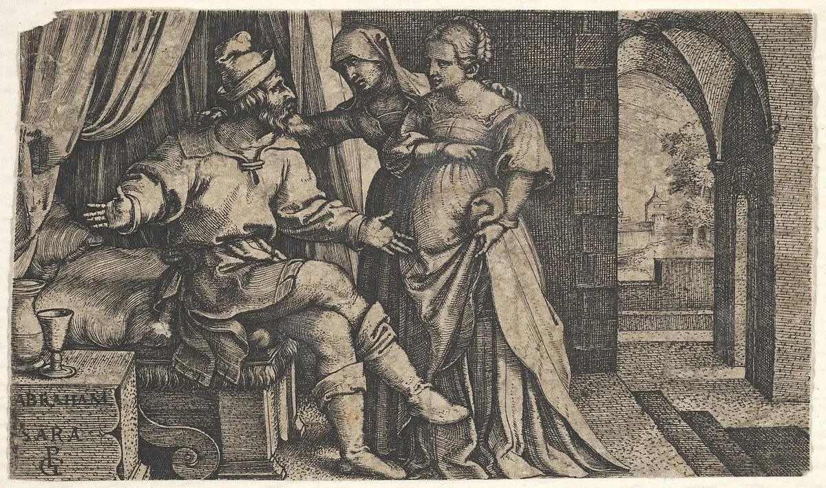 Sarah presenting Hagar to Abraham, who sits at the foot of a bed, from the series 'The Story of Abraham' — Georg Pencz