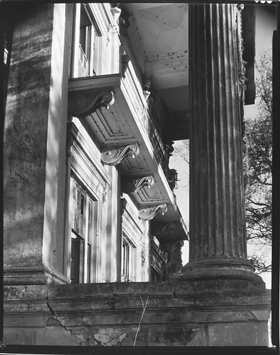 [Oblique View of Bracketwork on Belle Grove Façade Through Columns, White Castle, Louisiana]