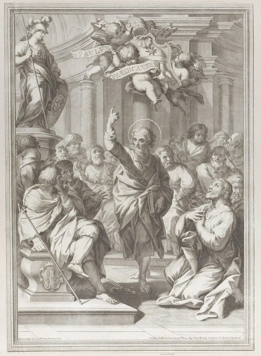 Saint Paul preaching at center, standing in a crowd in a columned interior, pointing upwards toward putti who hold a scroll — Arnold van Westerhout|Giovanni Battista Lenardi