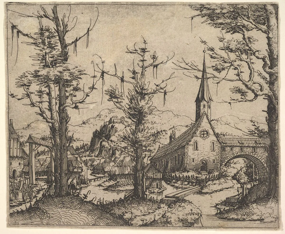 Landscape with Four Trees and a Church at Right — Augustin Hirschvogel