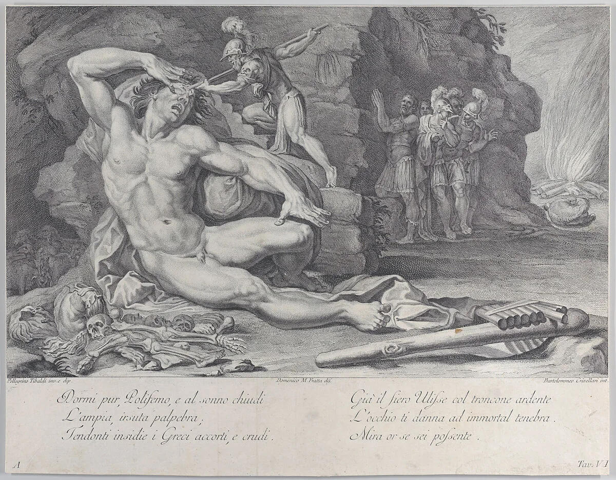 Plate 6: Ulysses driving a burning stake into Polyphemus' eye — Giampietro Zanotti|Bartolomeo Crivellari|Pellegrino Tibaldi|Domenico Maria Fratta