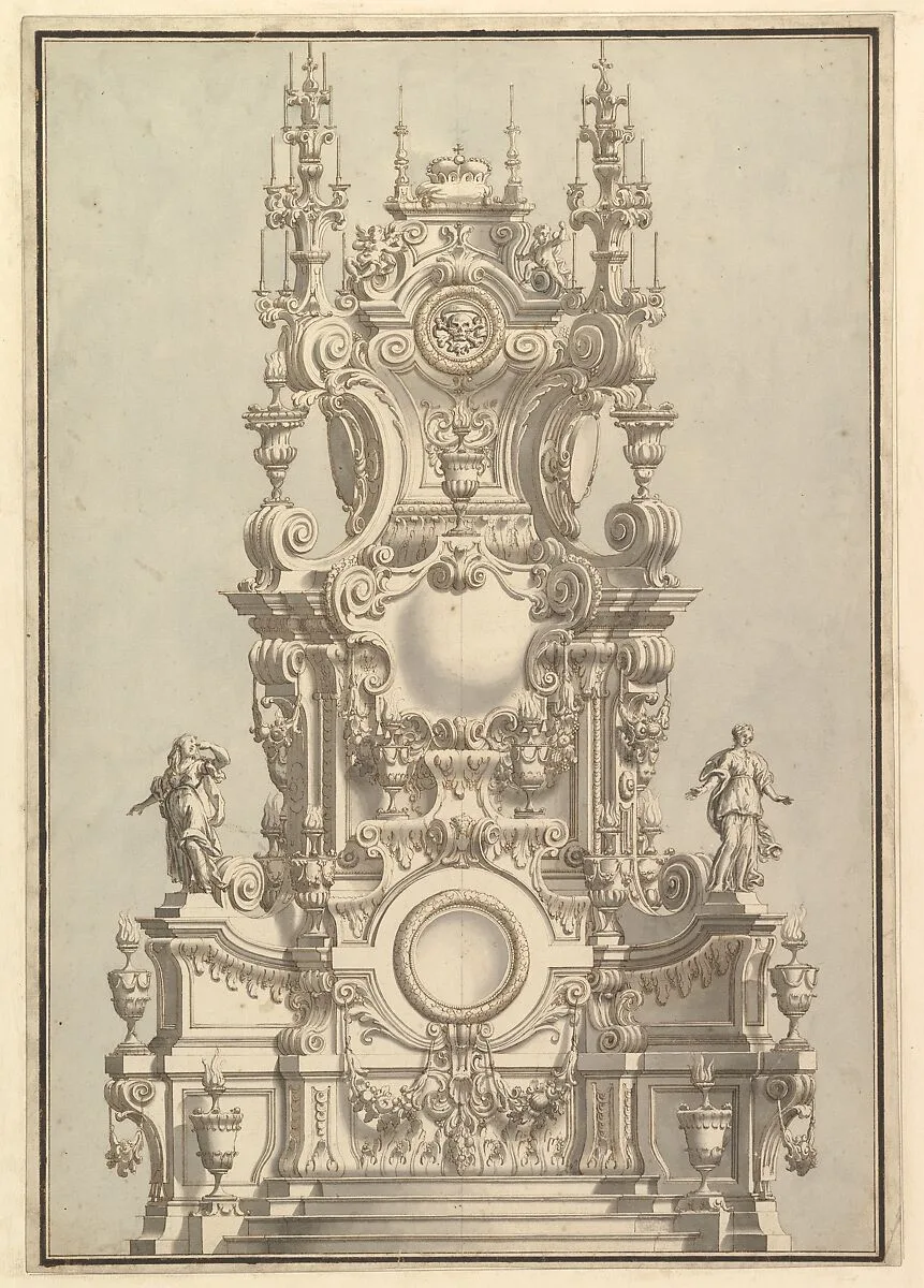 Elevation of a Catafalque, Surmounted by a Royal Crown, with Scull and Cross Bones in Wreath-Encircled Cartouche just below — Giuseppe Galli Bibiena