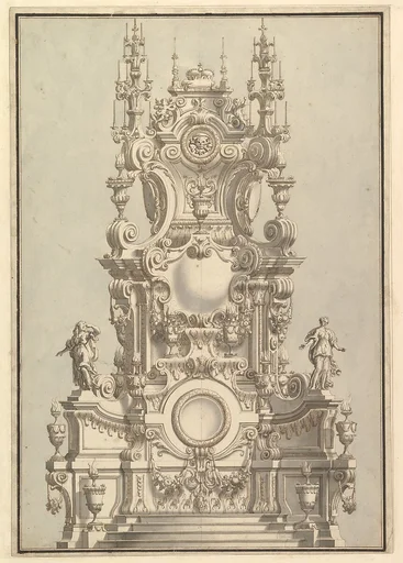 Elevation of a Catafalque, Surmounted by a Royal Crown, with Scull and Cross Bones in Wreath-Encircled Cartouche just below