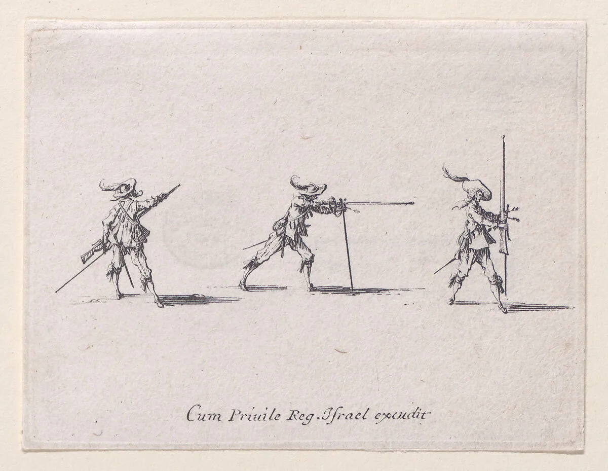 L'Exercice de L'Arquebuse: La Preparation au Tir (Drill of the Arquebus: Preparing to Shoot), from Les Exercices Militaires (The Military Exercises) — Jacques Callot|Israël Henriet