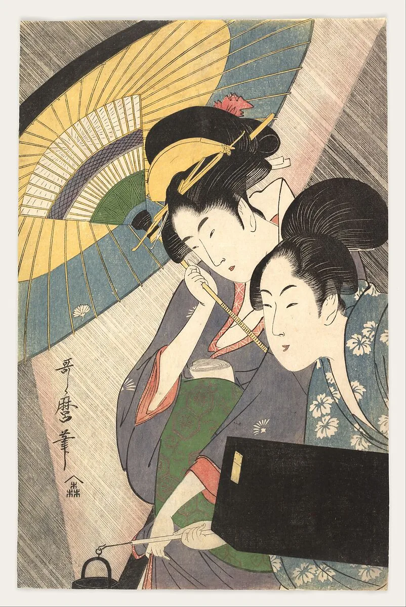 喜多川歌麿画 夜の雨に芸者と三味線箱を持つ女|Geisha and Attendant on a Rainy Night — Kitagawa Utamaro