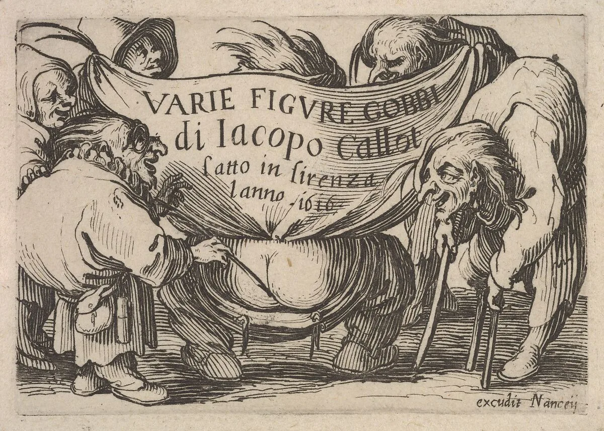 Title page, Varie figure gobbi by Jacques Callot, a squatting figure with bare buttocks surrounded by two figures holding the inscribed drapery and three other figures — Jacques Callot