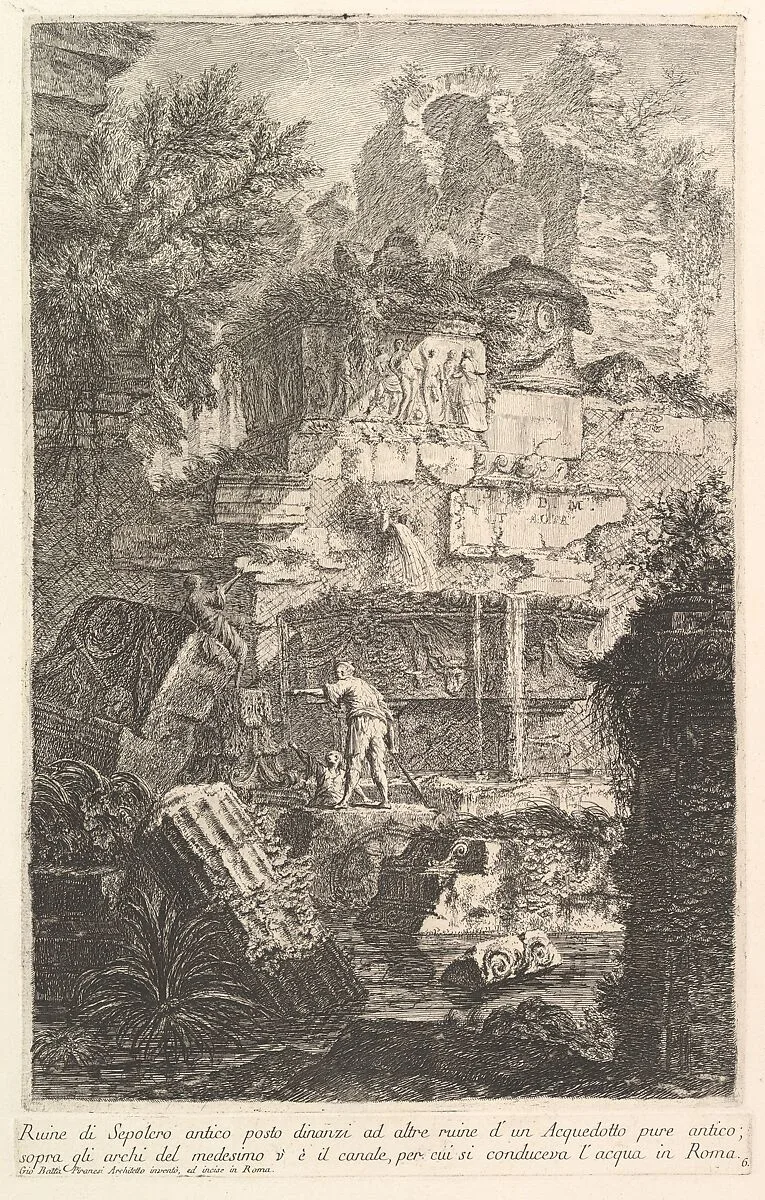 Ruins of an ancient tomb in front of ruins of an ancient aqueduct (Ruine di Sepolcro antico posto dinanzi ad altre ruine d'un Aquedotto), from "Prima Parte di Architettura, e Prospettive" — Giovanni Battista Piranesi