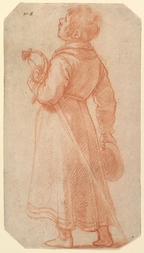 A Young Boy Seen from Behind, holding a sword and cap